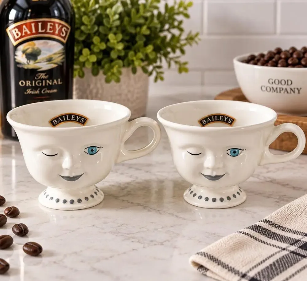 Vintage Baileys Irish Cream Winking Face Cups, 1990s Ceramic Barware Set (2)
